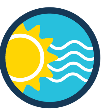 A yellow sun partially overlapped by three horizontal white wavy lines, all centered within a circular dark blue border.