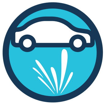 A dark blue circular icon showing a white car silhouette above a white water splash on a bright blue background.