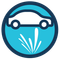 A dark blue circular icon showing a white car silhouette above a white water splash on a bright blue background.