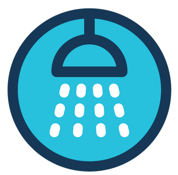 A blue circular icon featuring a dark blue showerhead graphic spraying white water drops downwards.