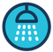 A blue circular icon featuring a dark blue showerhead graphic spraying white water drops downwards.