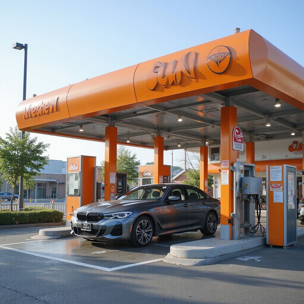 A grey BMW sedan parked under the orange canopy of an S-OIL gas station on a sunny day.