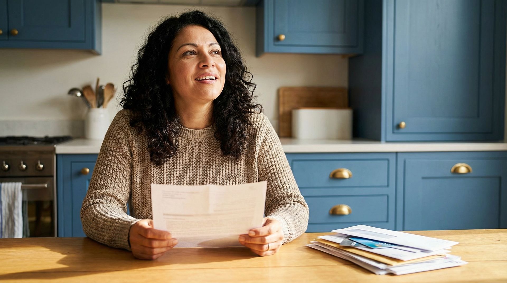 A person sits at a wooden table in a blue kitchen, holding a letter and looking away while smiling.