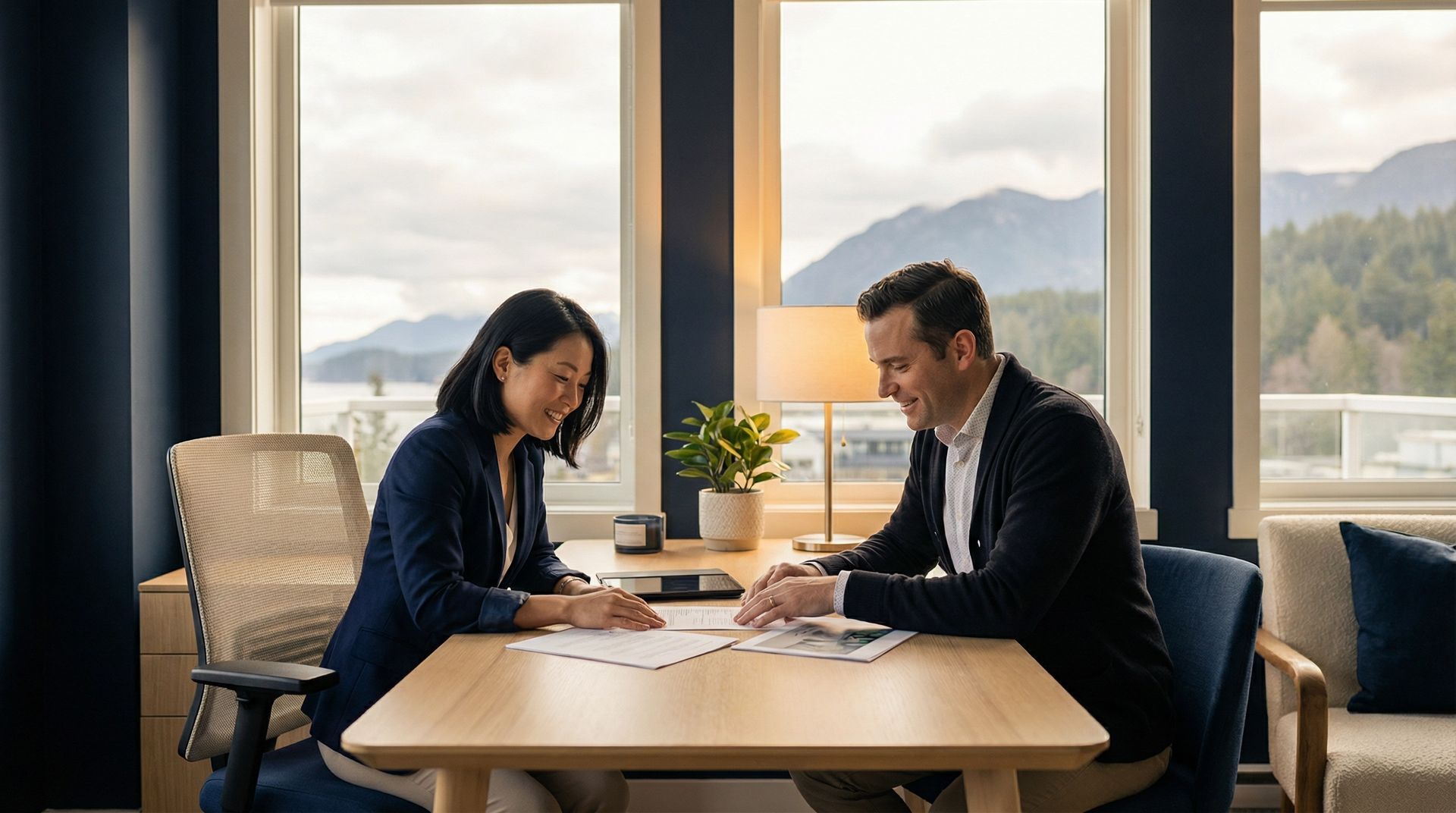 Two people sit at a desk in a bright office, reviewing documents together with a scenic mountain view in the background.