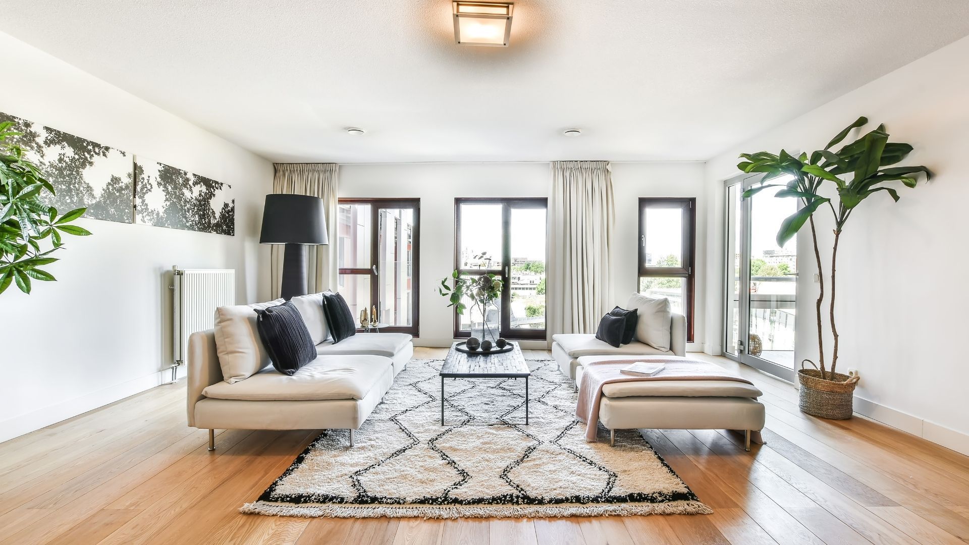 A living room with a lot of furniture and a rug