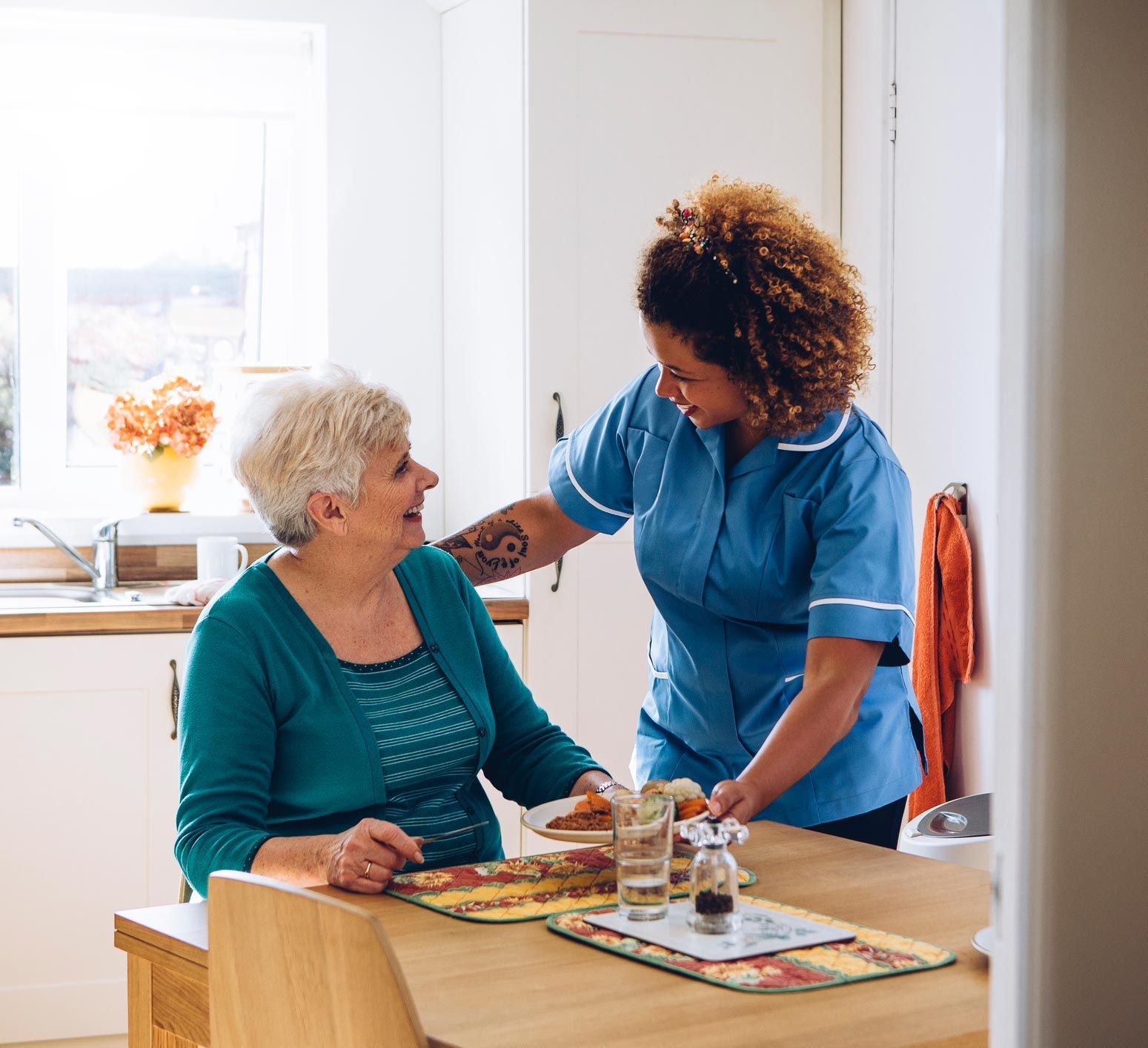 Woman Giving Senior Woman Food — Evergreen Park, IL — Excellent Home Health Care And Consulting LLC (EHHCCS)