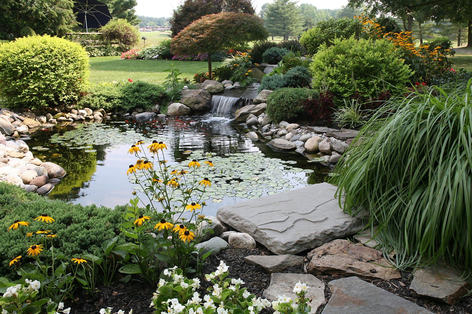 Landscaped pond with waterfall, surrounded by flowers, shrubs, and rocks.
