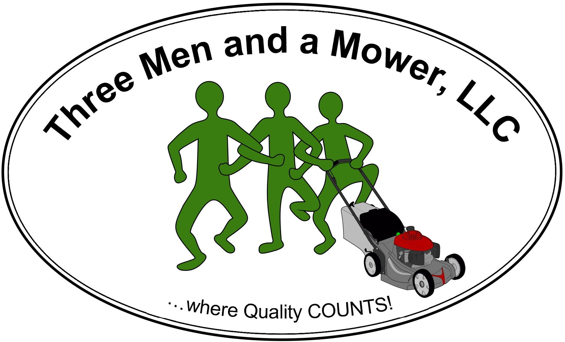 Logo: Three green figures with a lawn mower, text
