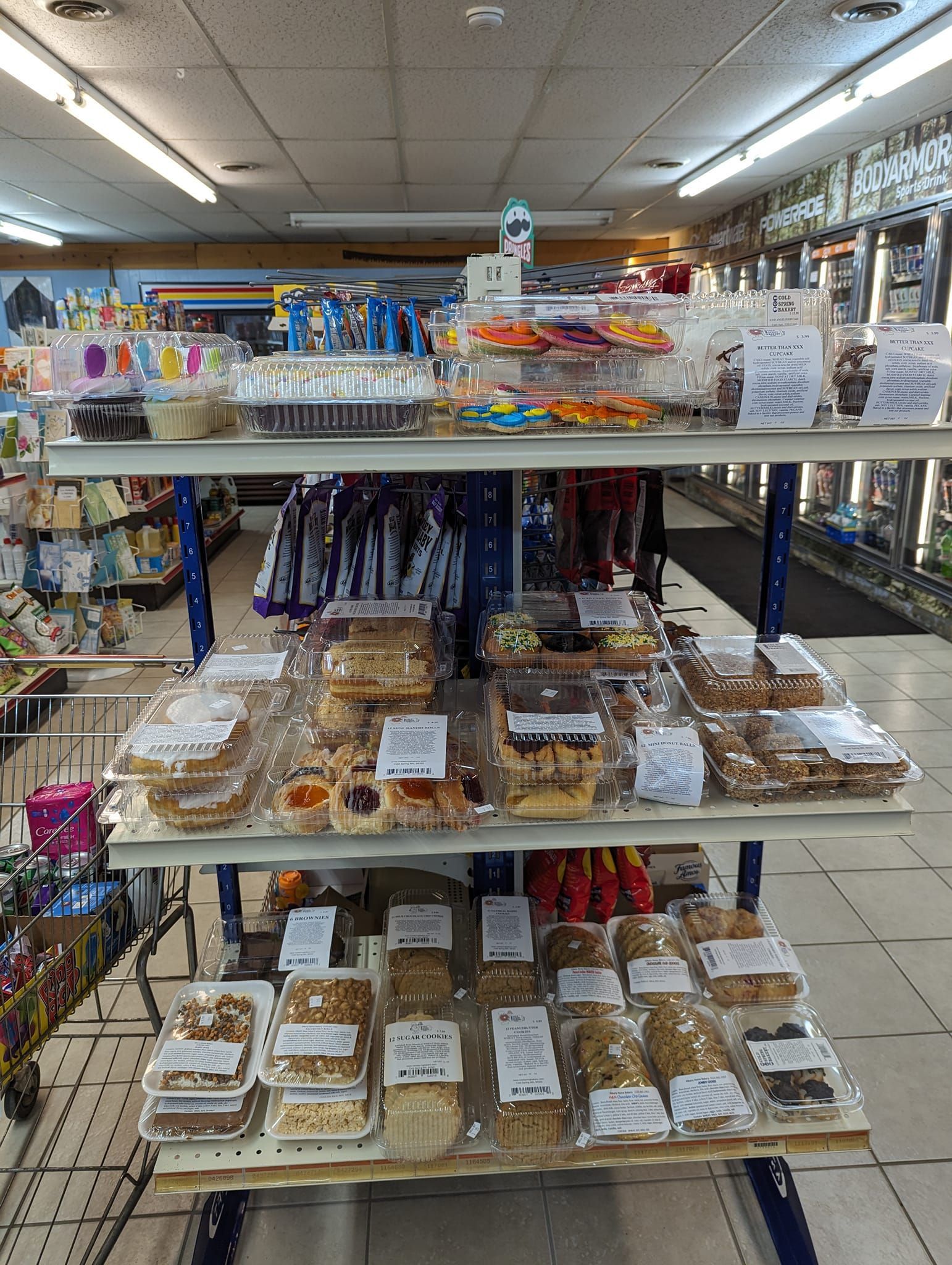 There are many different types of bread on the shelves in this store.
