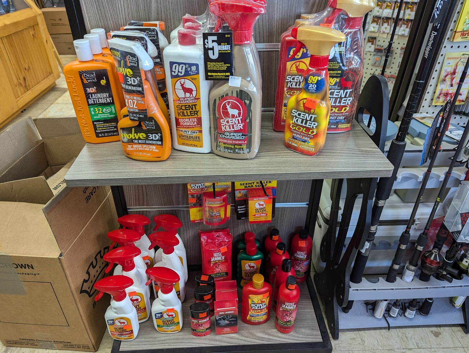 A shelf filled with bottles of cleaning products in a store.