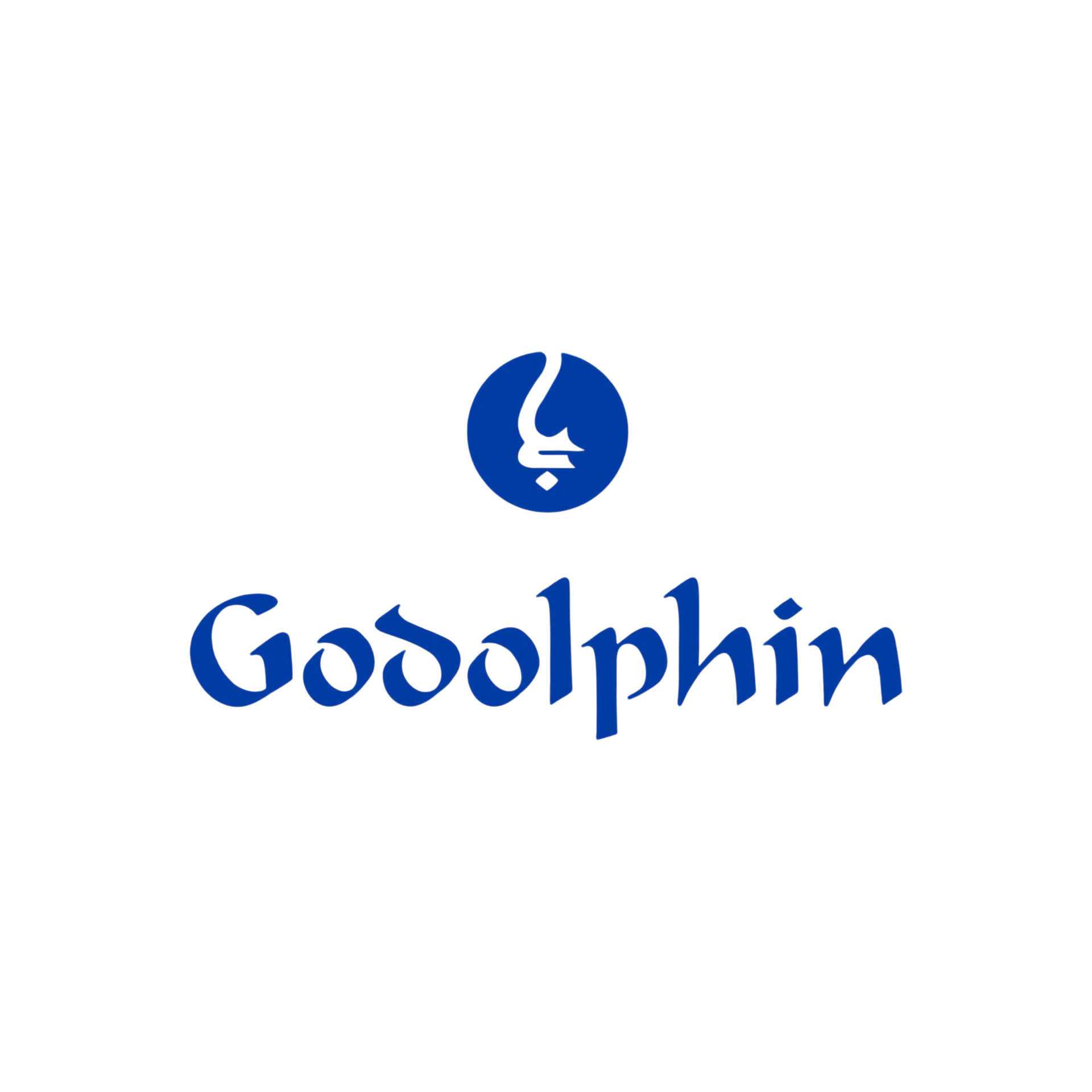 A blue logo for goddolphin with a question mark in the middle