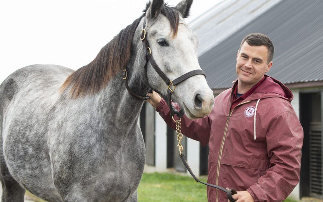 A man in a red jacket is standing next to a gray horse