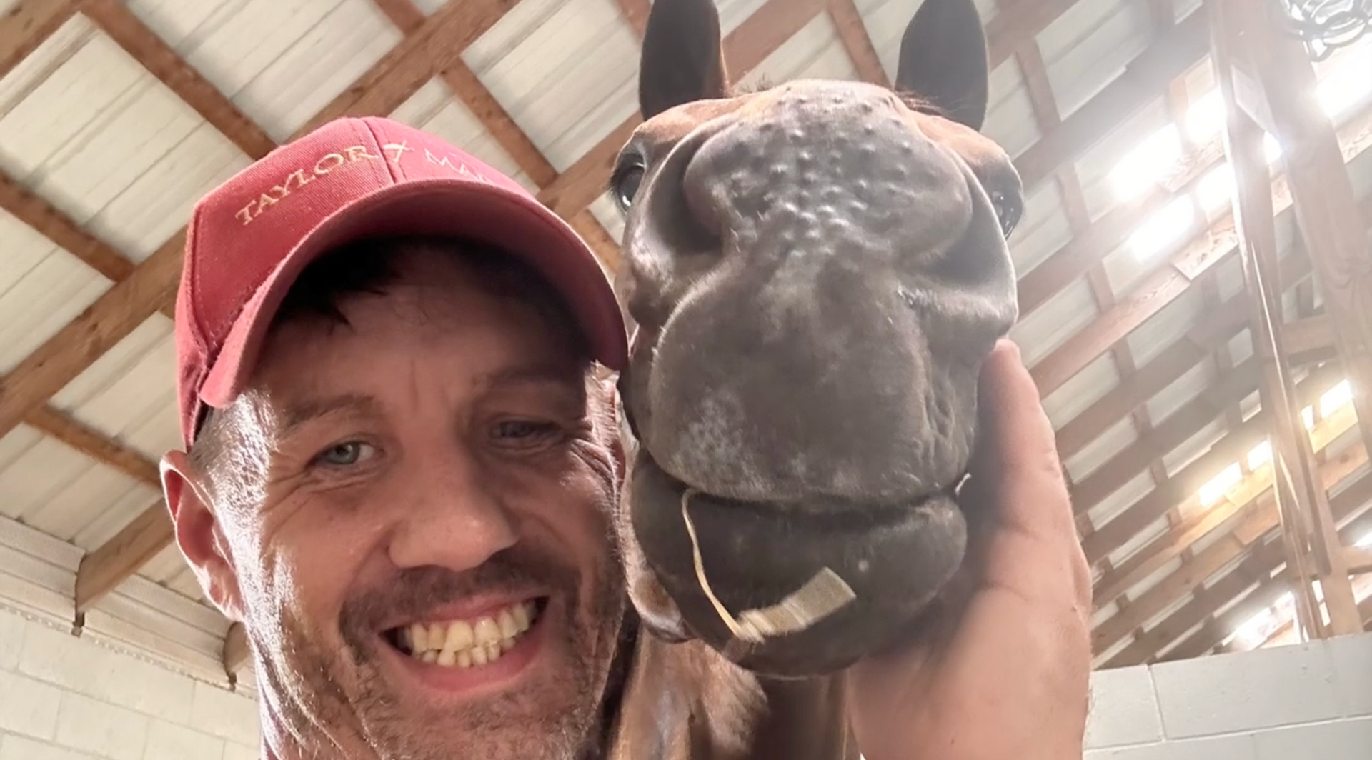A man in a red hat is holding a horse 's head.