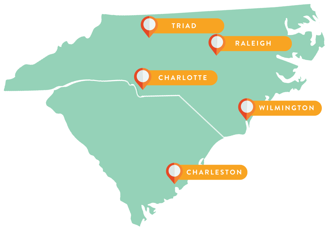 A map of north carolina showing the cities of trinity raleigh charlotte and wilmington