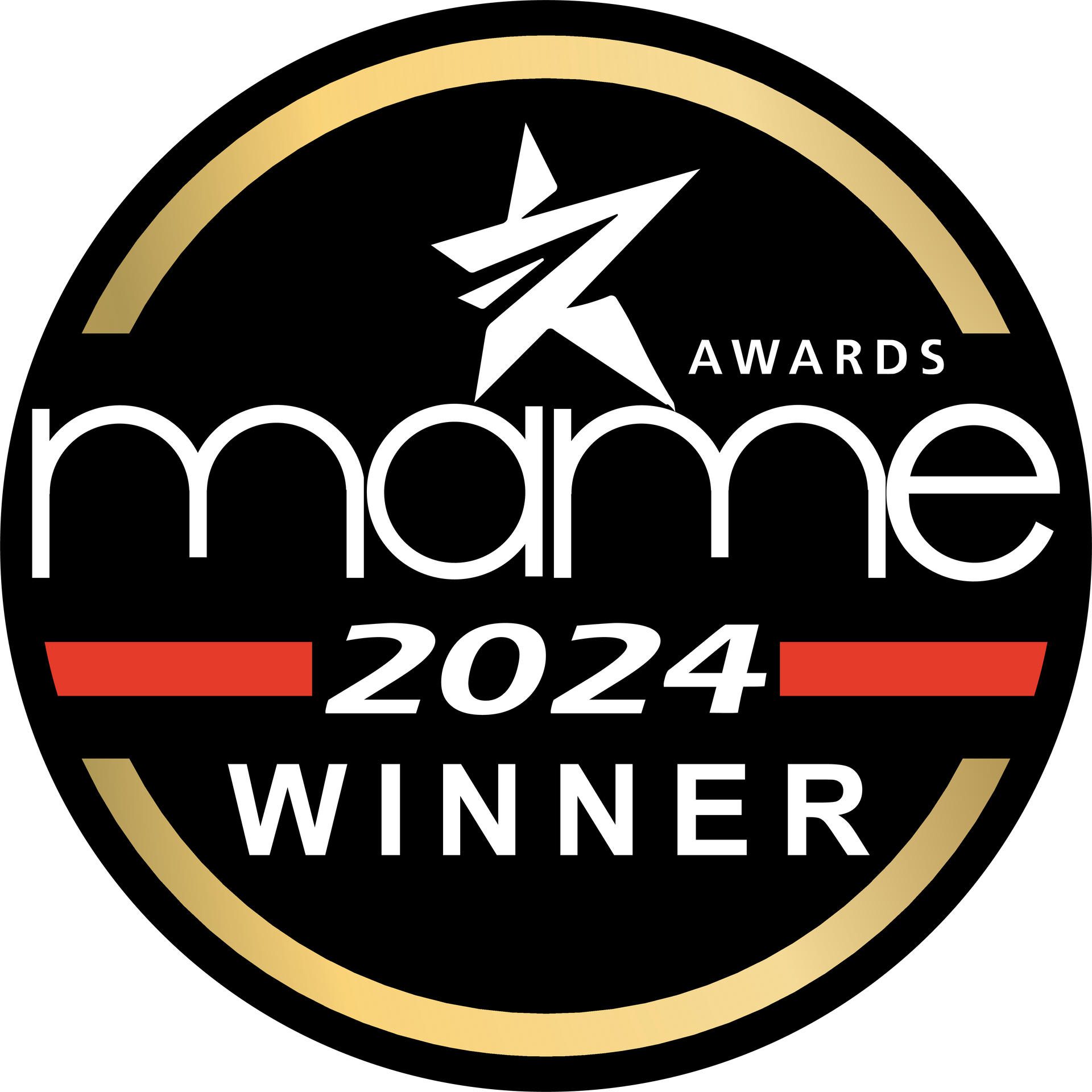 A black and gold circle with a star on it that says awards 2024 winner.