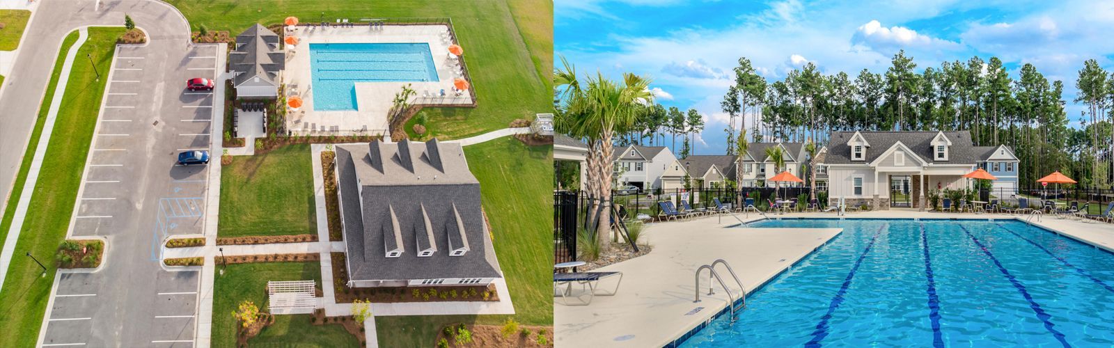 An aerial view of a swimming pool next to a parking lot.