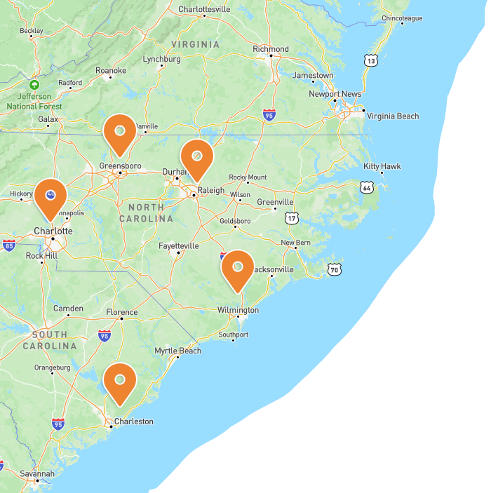 A map of north carolina with orange markers on it.
