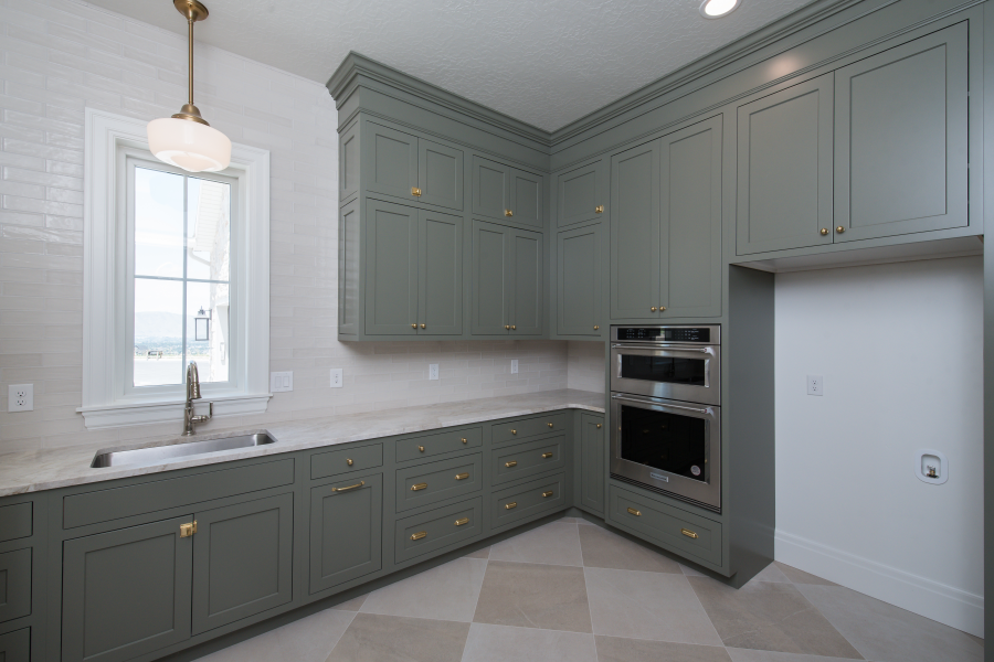 Kitchen with green cabinets, stainless steel appliances, and a window.
