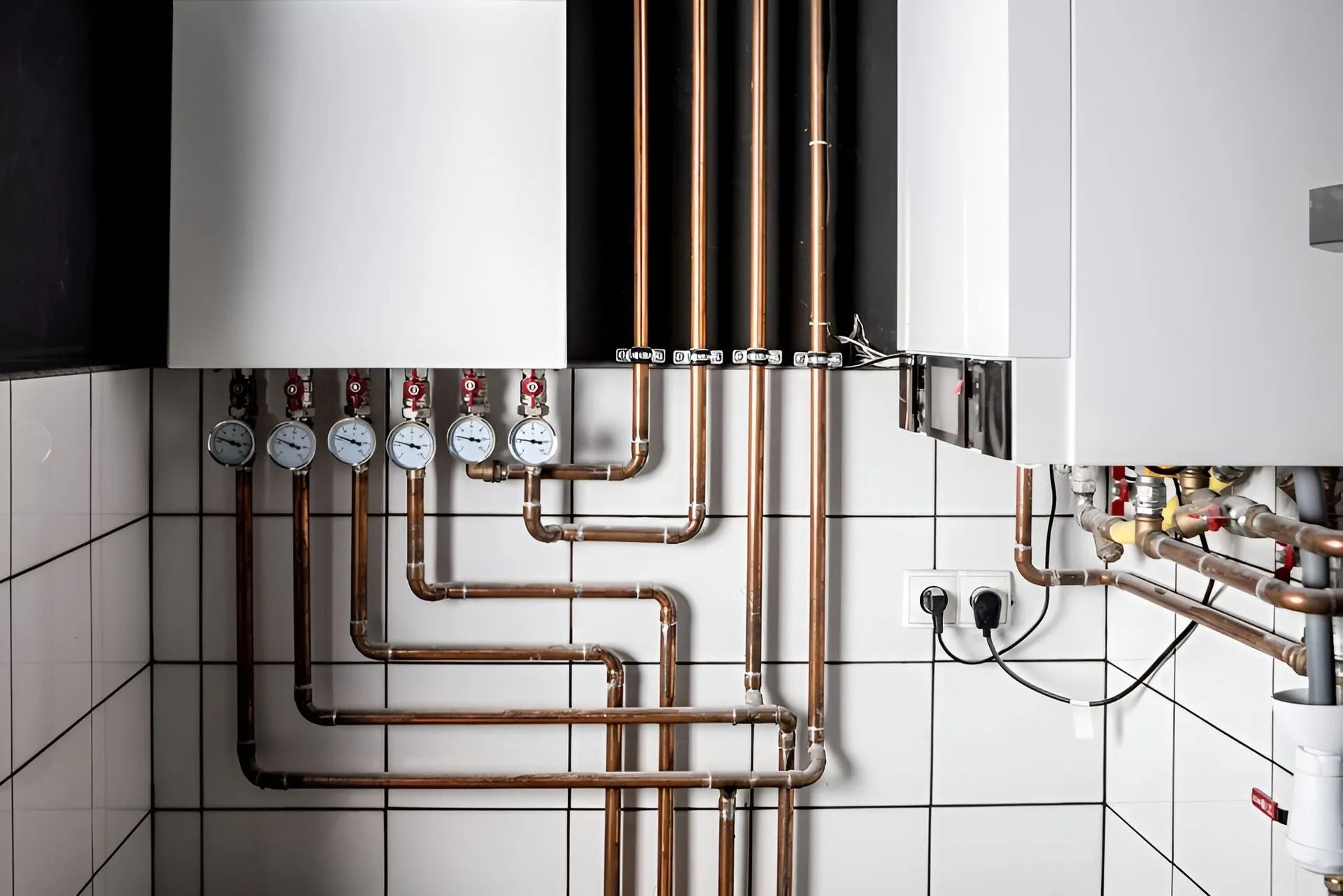 Copper pipes and gauges mounted on a tiled wall in a boiler or heating system room
