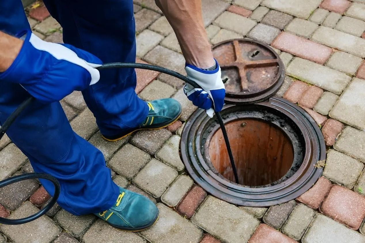 Worker opening a manhole on a paved walkway with a metal cover and inspection cable