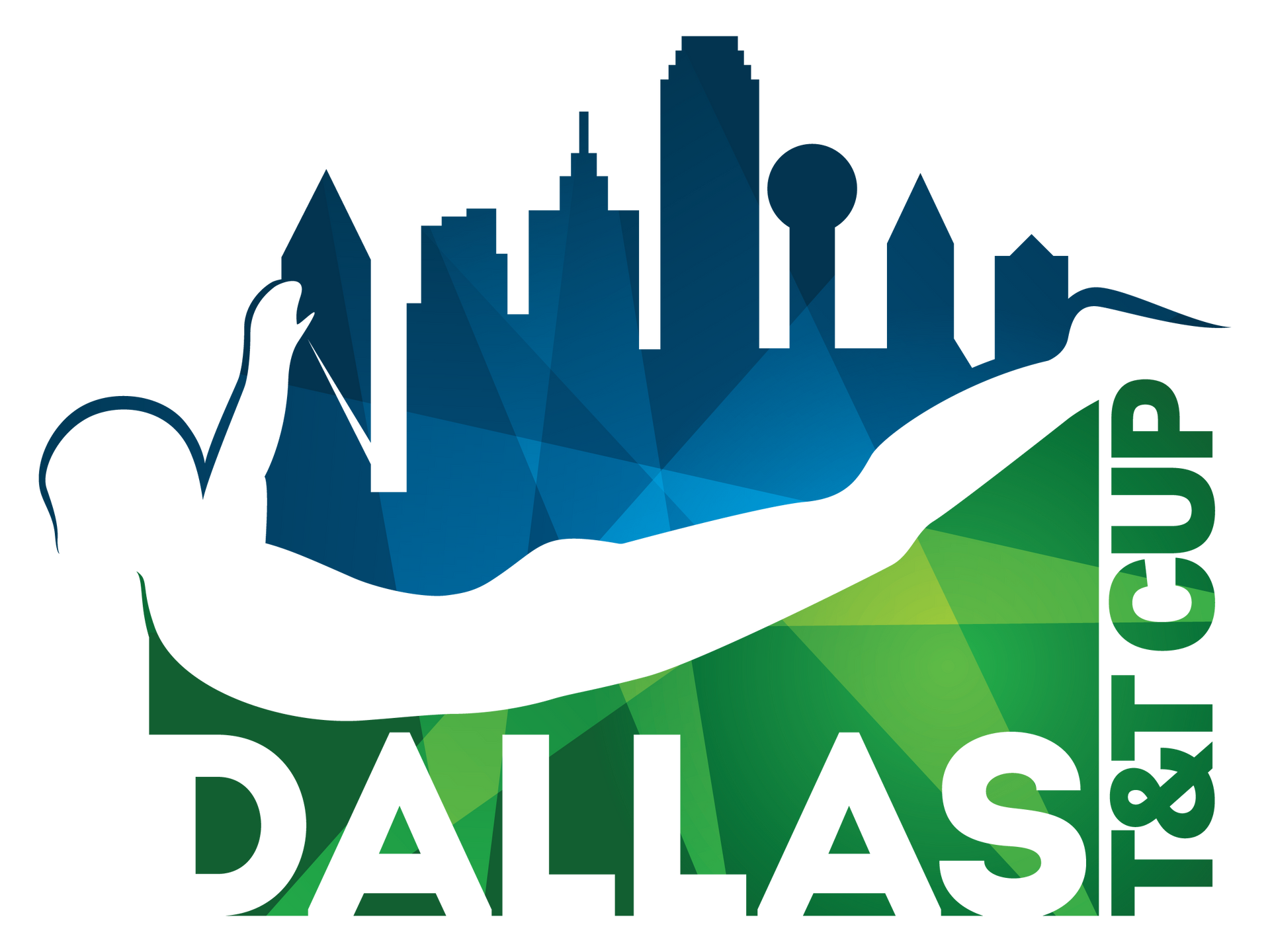 A logo for the dallas t & t cup with a city skyline in the background.
