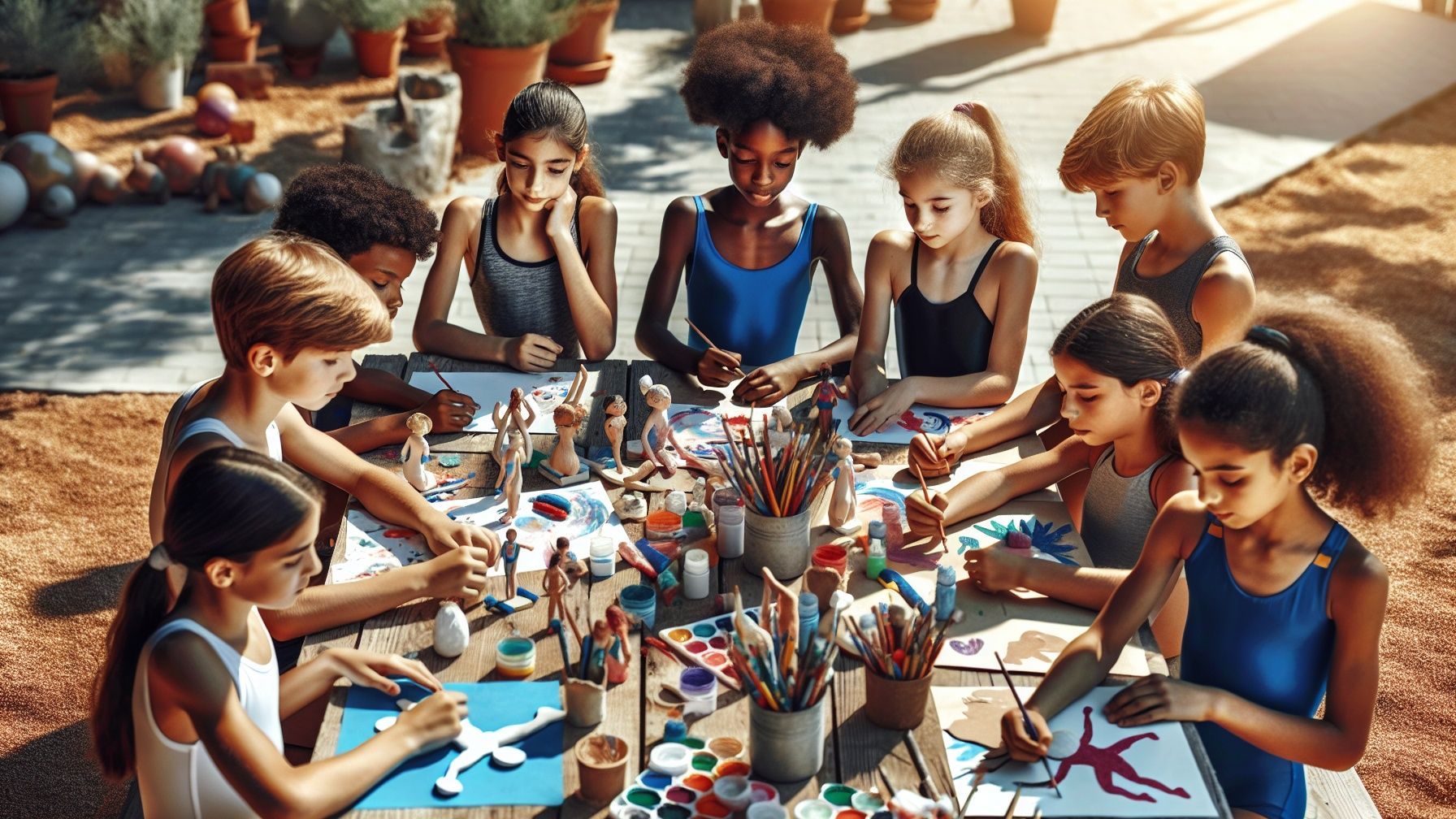 A group of children are sitting around a table painting.