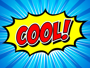 A comic speech bubble that says cool on a blue background