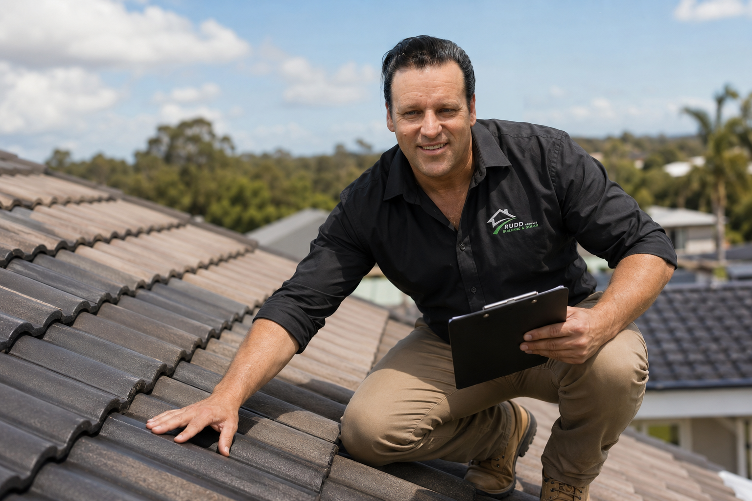 man on tile roof, doing a roof inspection 