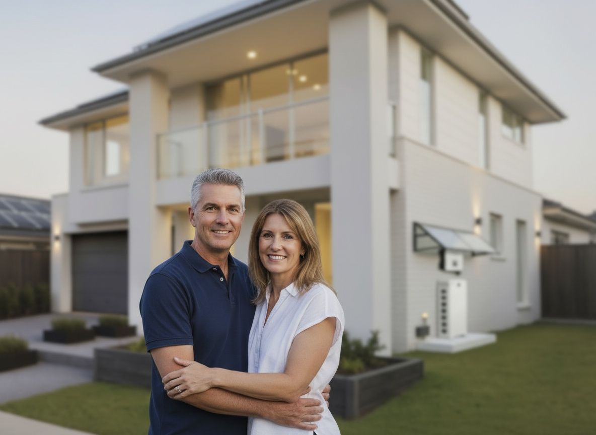 Couple smiling, embracing in front of a modern two-story house with green lawn.