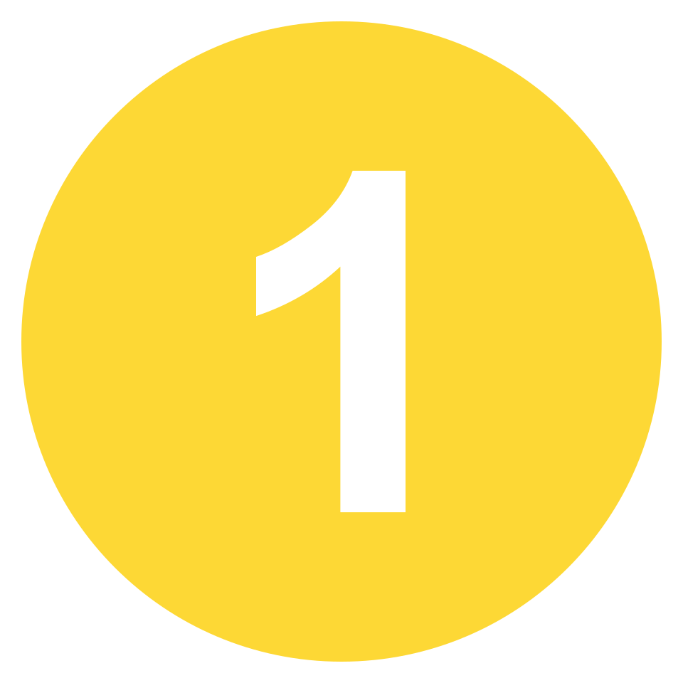 White number one in a yellow circle.