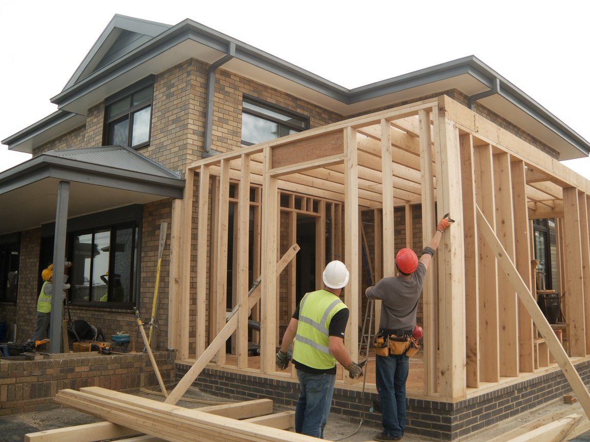 Construction workers framing a house extension with timber beams, outdoors.
