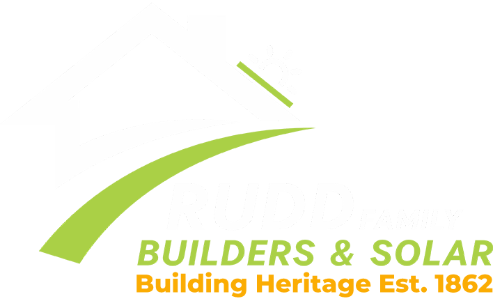 Logo for Rudd Family Builders & Solar, featuring a house outline and green curved line; text reads 