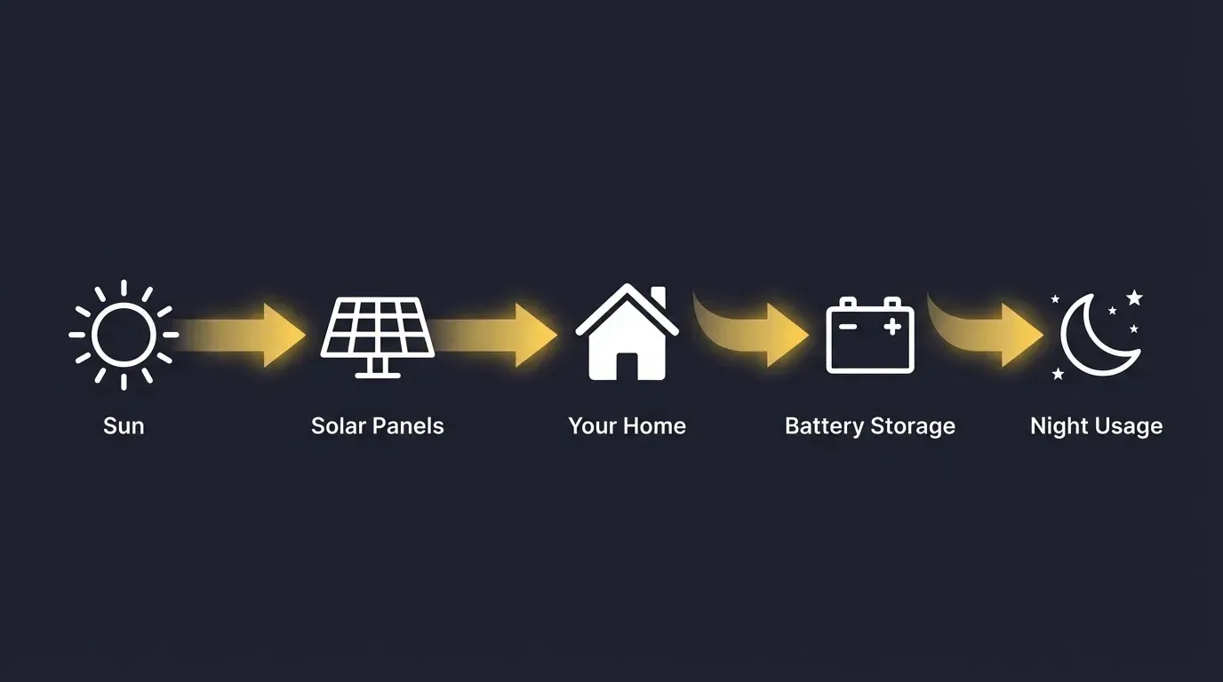 Diagram showing the flow of solar energy: sun, solar panel, house, battery, then night.