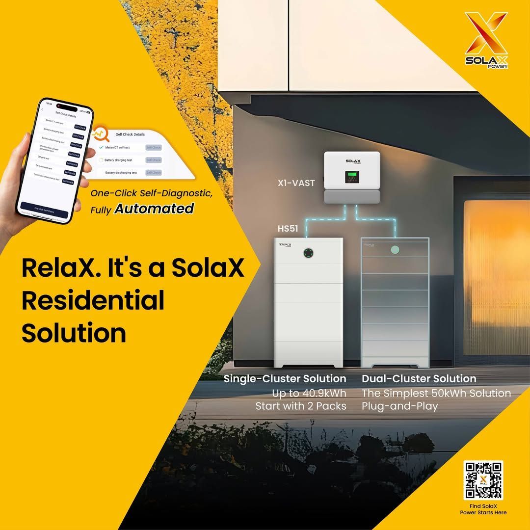 An ad for a Solax residential energy solution. A phone displays an app, plus energy storage & solar equipment mounted on a wall.