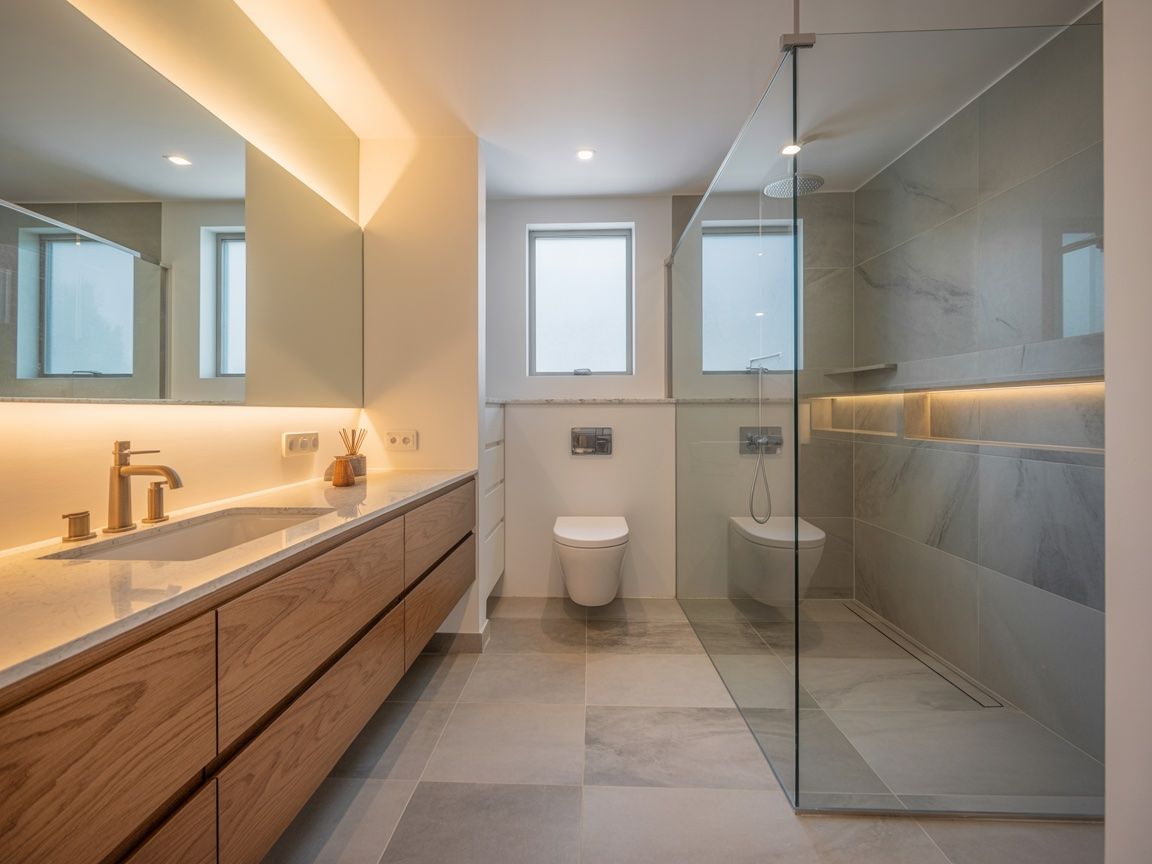 Modern bathroom with a glass shower, a soaking tub, and a wooden vanity.