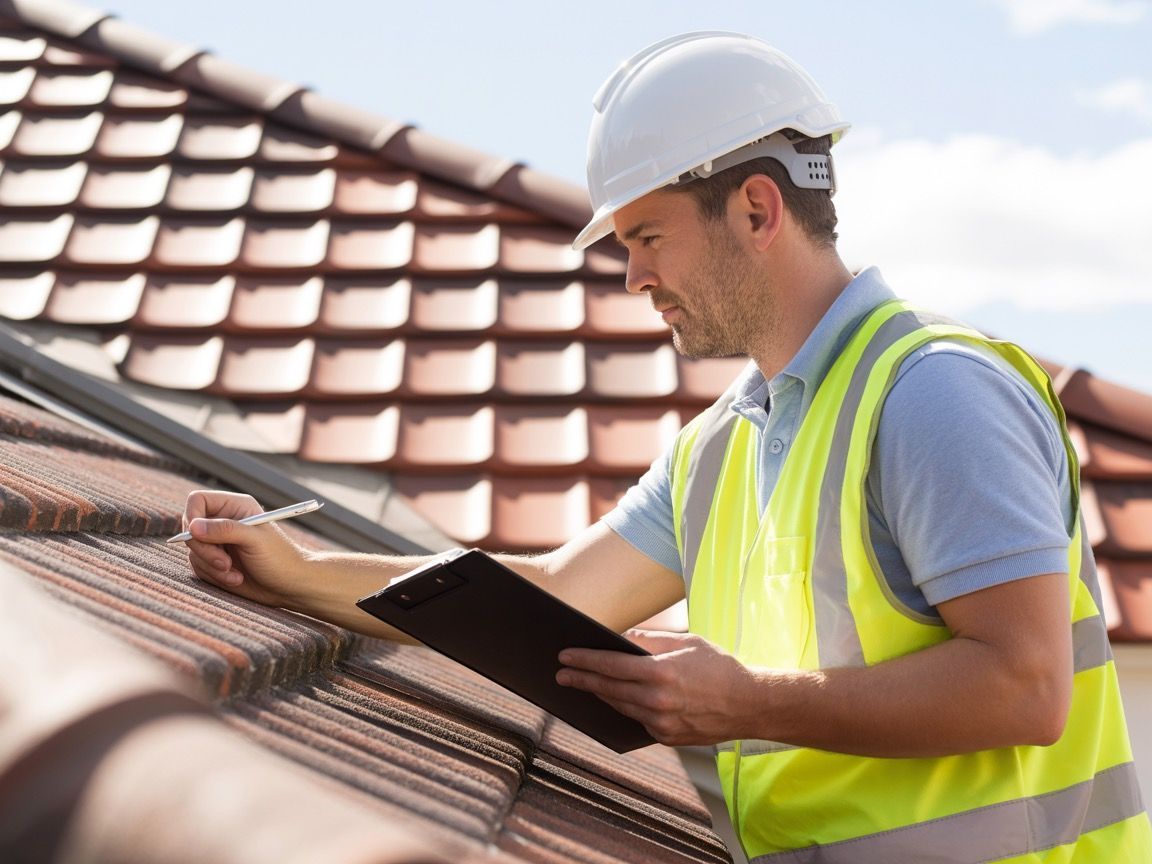Man in hard hat and vest inspecting a tile roof, taking notes on a clipboard.