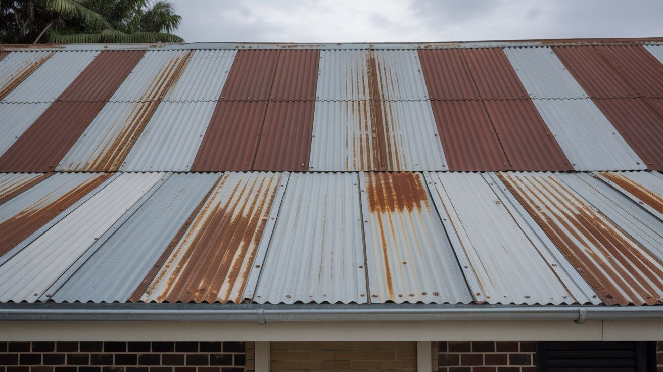 Corrugated metal roof with alternating red and silver stripes, showing rust and age.