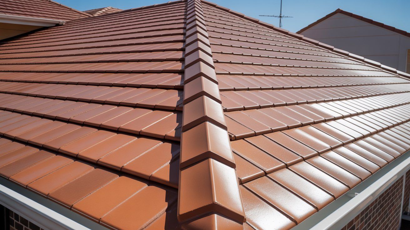 Brown tiled roof with central ridge.