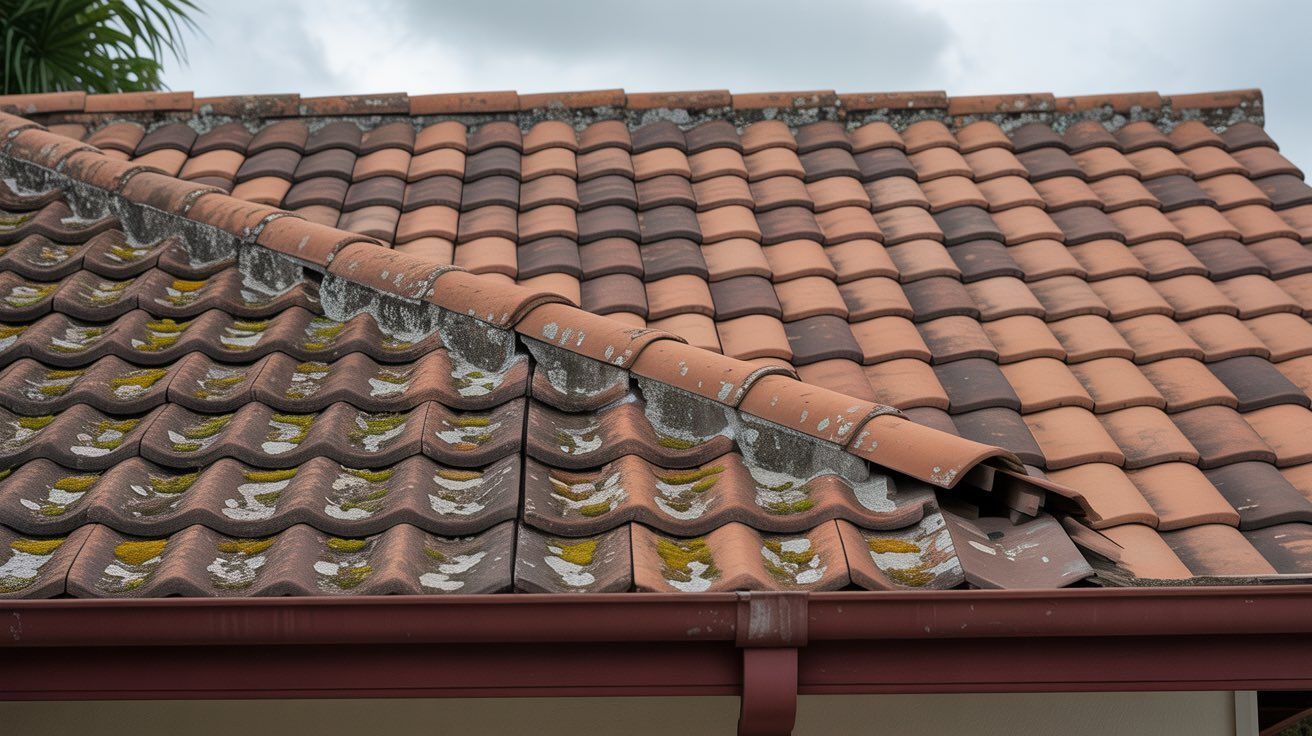 Clay tile roof with algae growth and a brown gutter against a cloudy sky.