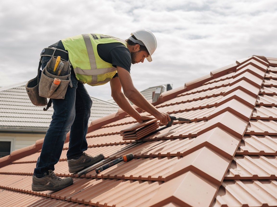 Roofer in safety gear, working on a tile roof, cloudy sky overhead.