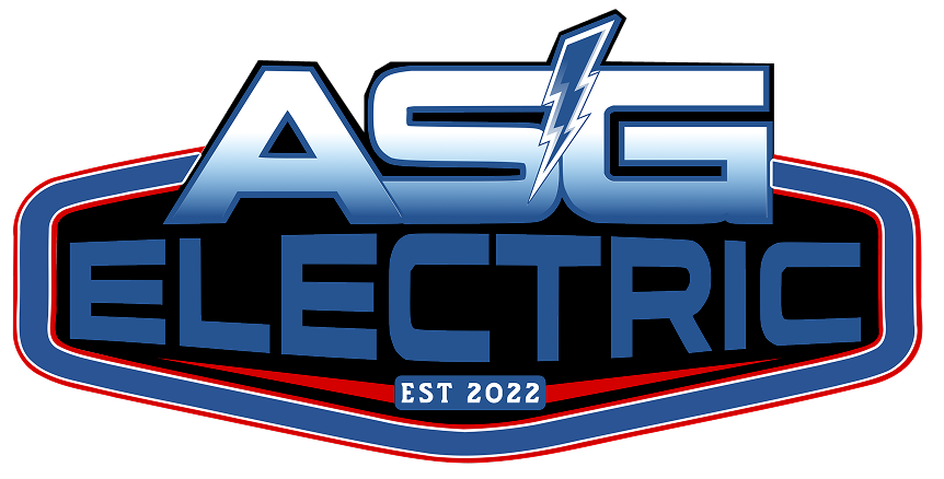 Logo for ASG Electric: blue and white lettering, lightning bolt, blue/red outline, EST 2022.
