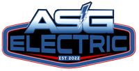 Logo for ASG Electric: blue and white lettering, lightning bolt, blue/red outline, EST 2022.