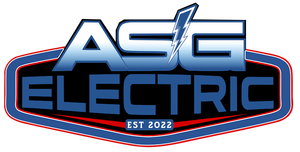 Logo for ASG Electric: blue and white lettering, lightning bolt, blue/red outline, EST 2022.