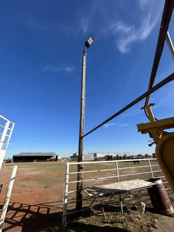 A tall wooden pole with a bright light on top in a rural setting with blue sky.