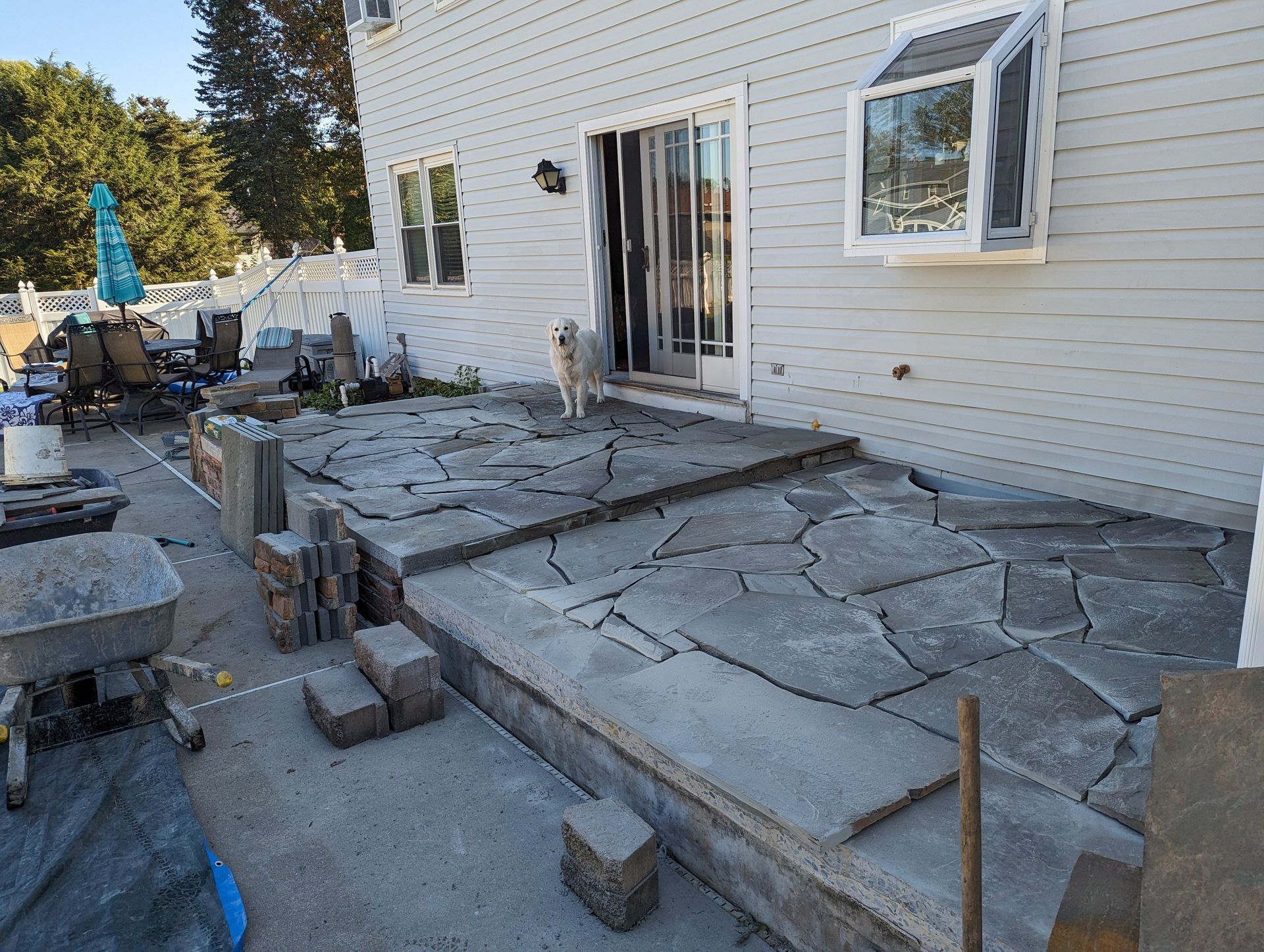 Backyard patio under construction with stone pavers and a dog.