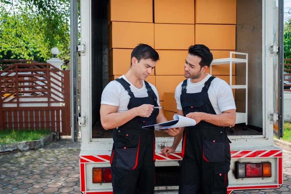 Two Men Standing in Front of A Truck Filled with Boxes — Town & Country Removals In Camden Haven, NSW