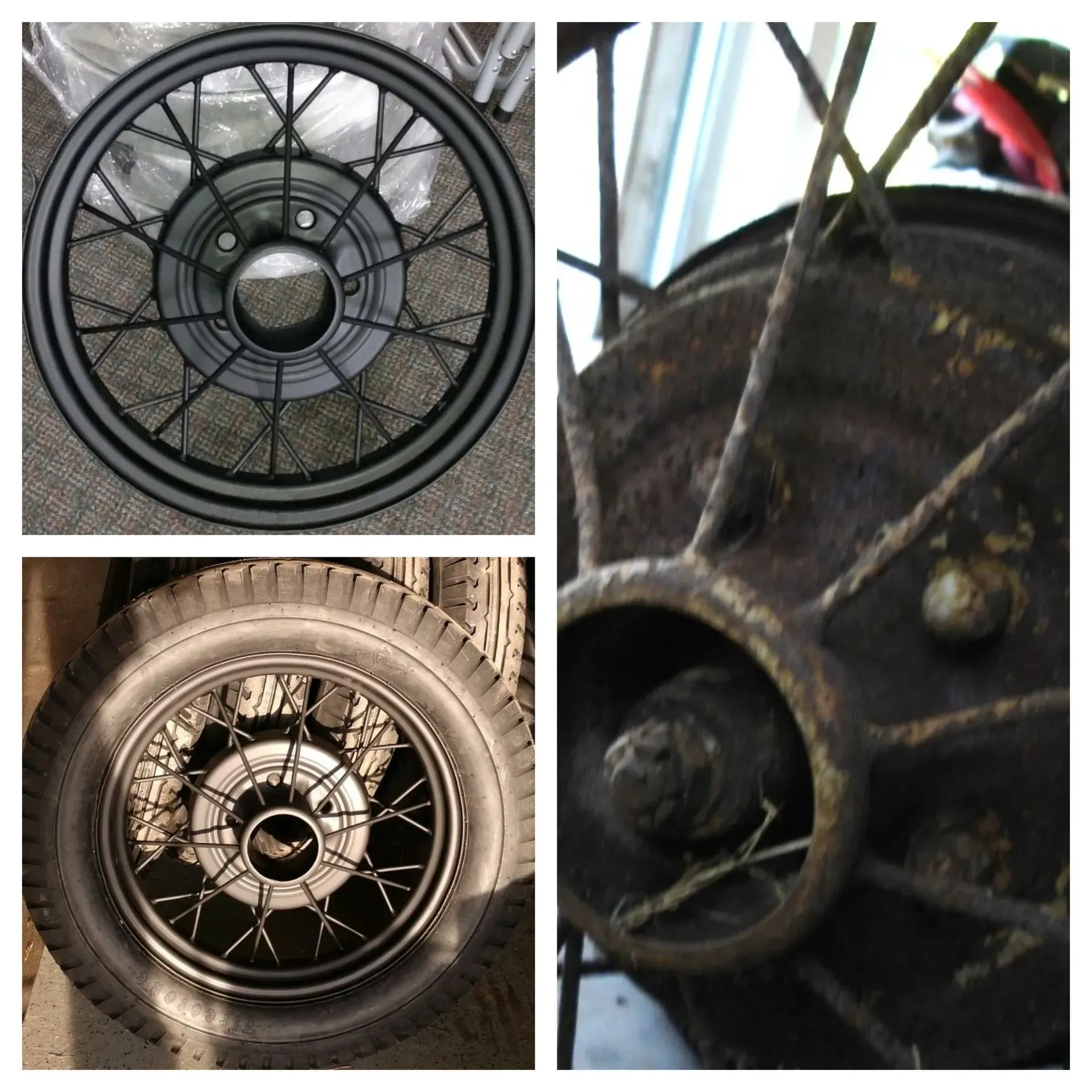 Three images of vintage wire wheels; one new, one rusty, and one with a tire mounted.