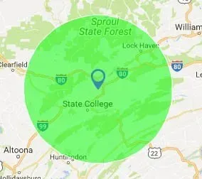 Map showing State College, PA with a green circle encompassing surrounding areas, with highways and nearby towns labeled.