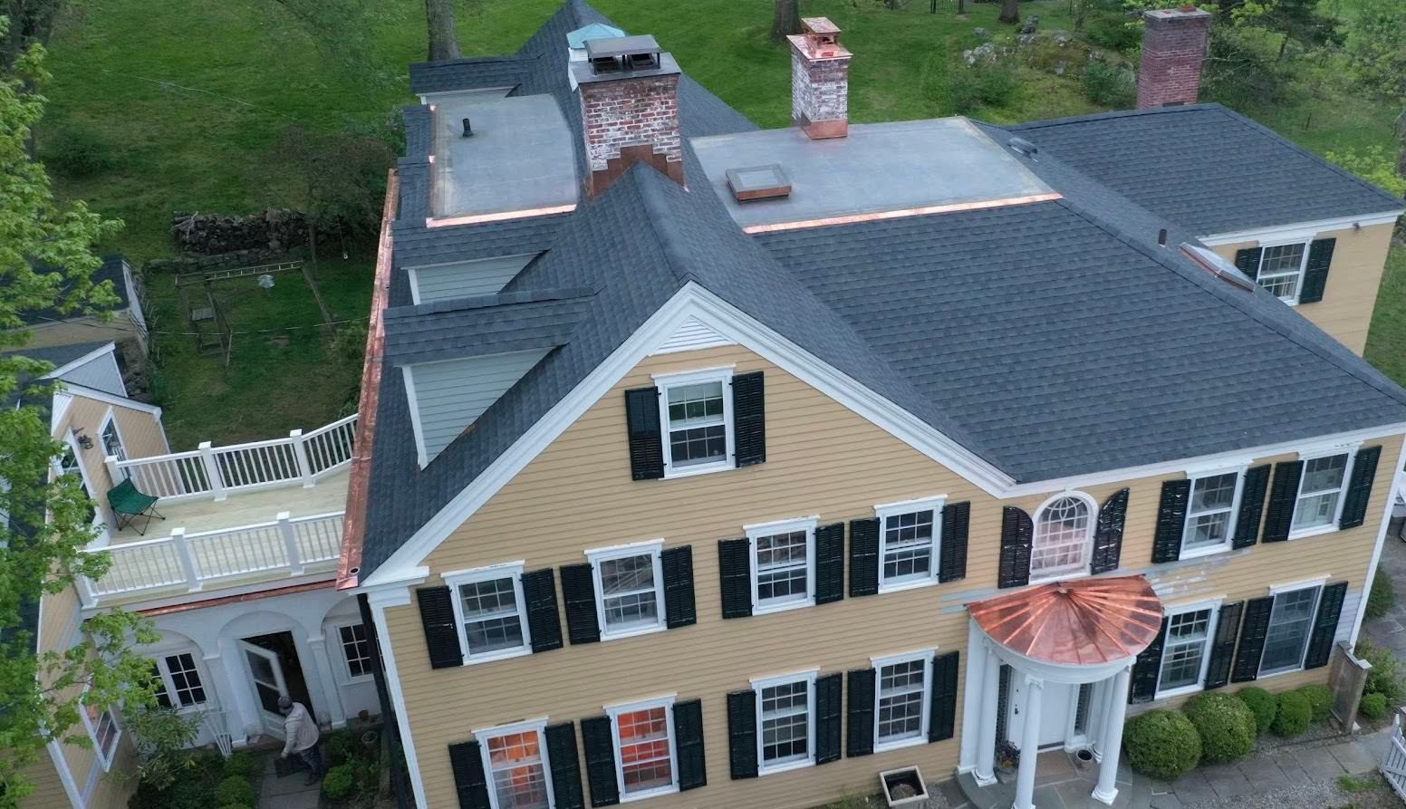 Aerial view of copper work on house
