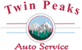 The logo for twin peaks auto service shows a mountain and trees in a circle.